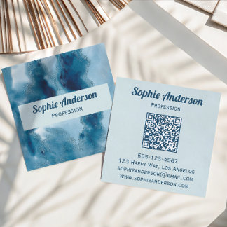 Blått Vattenfärg Geod QR-kod Professionell Fyrkantigt Visitkort