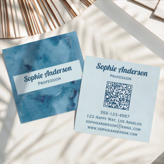 Blått Vattenfärg Geod QR-kod Professionell Fyrkantigt Visitkort