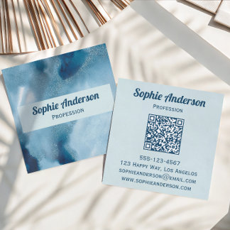Blått Vattenfärg Geod QR-kod Professionell Fyrkantigt Visitkort