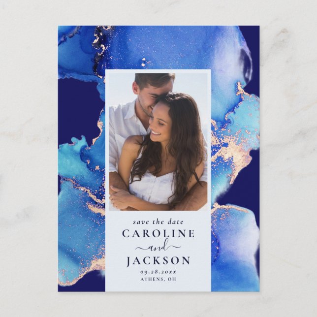 Blått vattenfärg Spara datum vykort (Framsida)