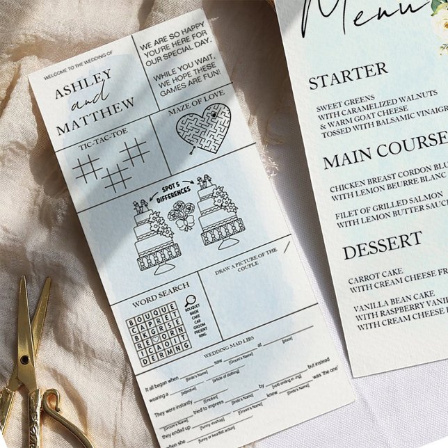 Blått vattenfärg Vit ros Bröllop-meny Monteringsko (Skapare uppladdad)