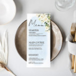 Blått vattenfärg Vit ros Bröllop-meny Monteringsko Meny<br><div class="desc">Lägg till lite elegans i din mottagning bord med det här blå vattenfärgen och Vit ros Bröllop-menyplatskortet. Med en mjuk blå vattenfärgsbakgrund med känsliga vita blommigtar, är dubblorna på kortet en meny och ett namn-kort för varje gästs inställning i ställe. Helt redigerbart för att anpassa menyobjekt och gästobjekt i namn...</div>