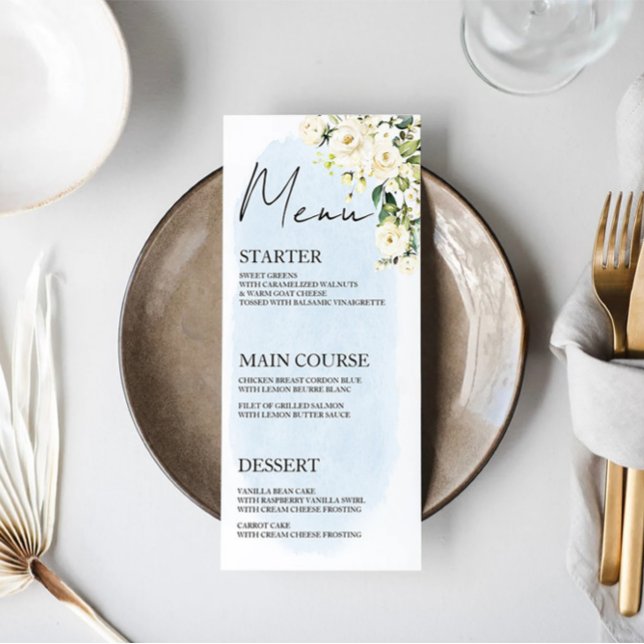 Blått vattenfärg Vit ros Bröllop-meny Monteringsko Meny (Skapare uppladdad)