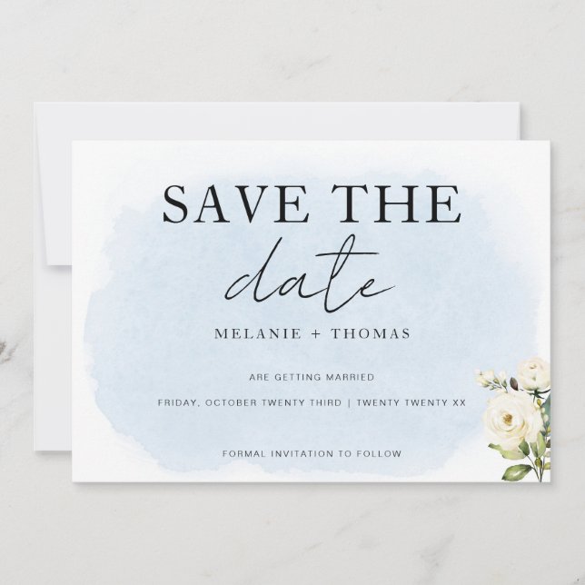 Blått vattenfärg Vit ros Spara datumkort Datumet (Framsida)