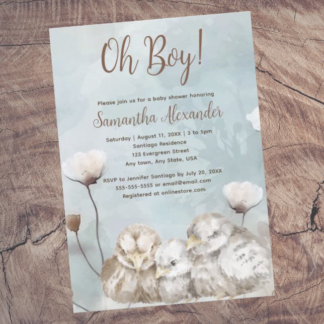 Blått vattenfärgat babydusch! inbjudningar (Oh Boy! Blue boho watercolor duck parents with baby duck.  Baby  shower invitation.  Whimsical.)