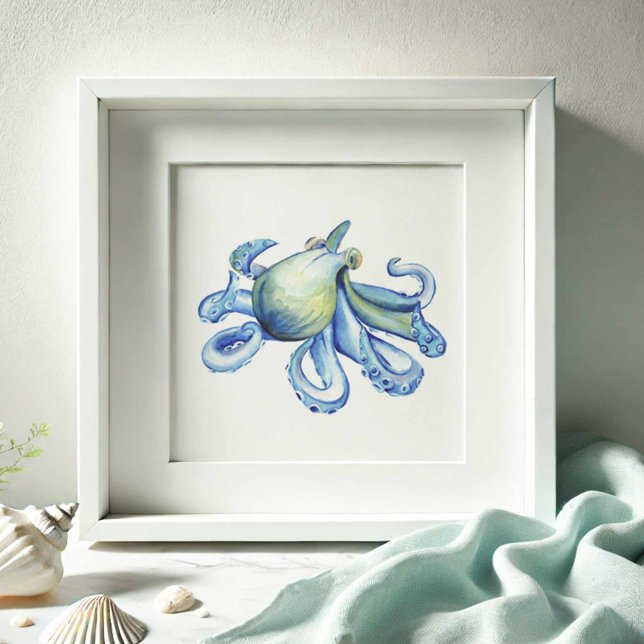 Blått vattenfärgsbläckfisk Poster (Watercolor paintings beach art blue octopus by Victoria Grigaliunas of Do Tell A Belle)