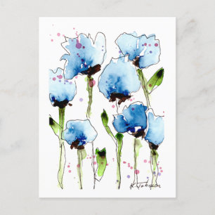 Blått vattenfärgsblommor - vykort