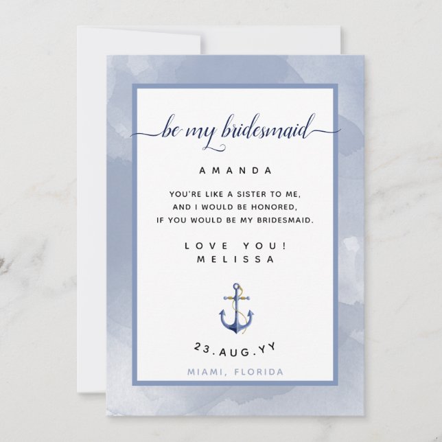 Blått vattenfärgsBridesmaid Frieri #Nautical Card Inbjudningar (Framsida)