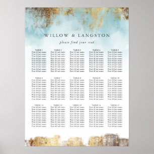 Blått vattenfärgsdiagram för elegant Guld Bröllop Poster