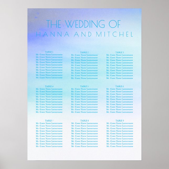 Blått vattenfärgsdiagram för säten i Bröllop Poster (Framsidan)