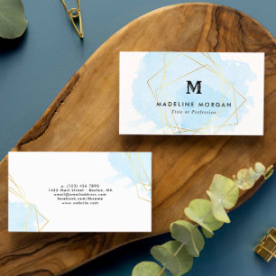 Blått vattenfärgsfack Guld Geometric Monogram Visitkort