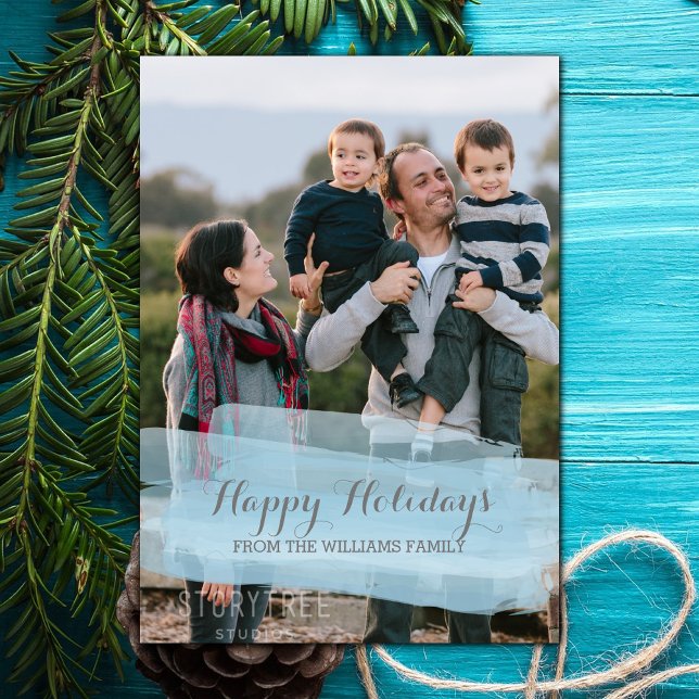 Blått vattenfärgsfärgstreck, Helgdag-fotokort Julkort (Blue Watercolor Brushstroke Holiday Photo Card)
