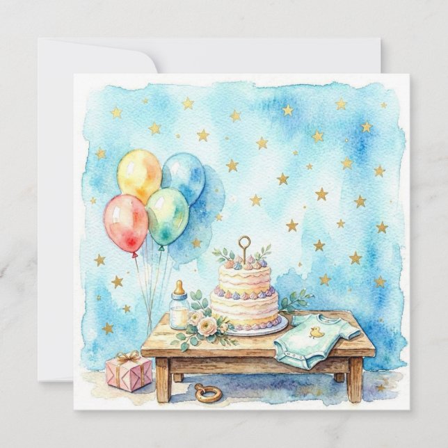 Blått vattenfärgskort för baby shower. inbjudningar (Framsida)