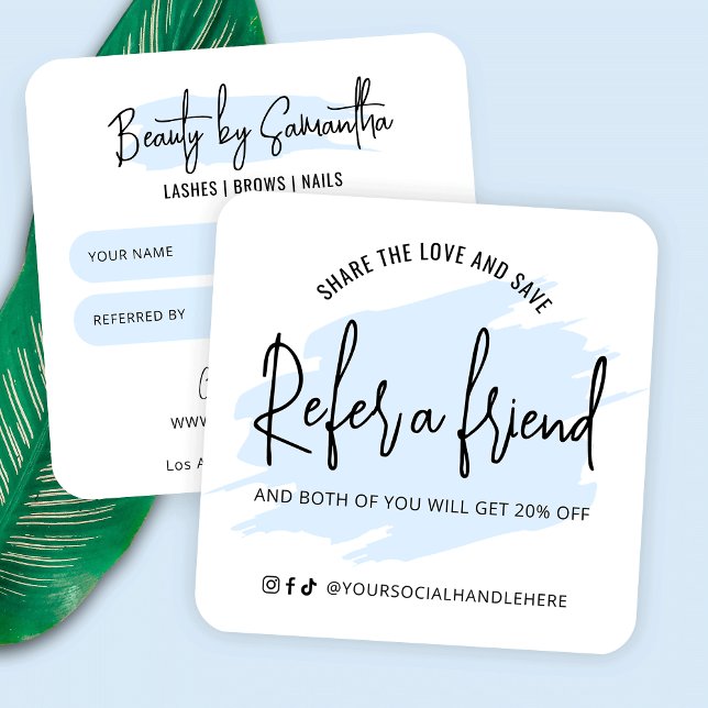 Blått vattenfärgsrabatt för en Nagel-spa-rabatt Fyrkantigt Visitkort (Fully editable light blue watercolor referral cards, great for salons, aestheticians and more!)