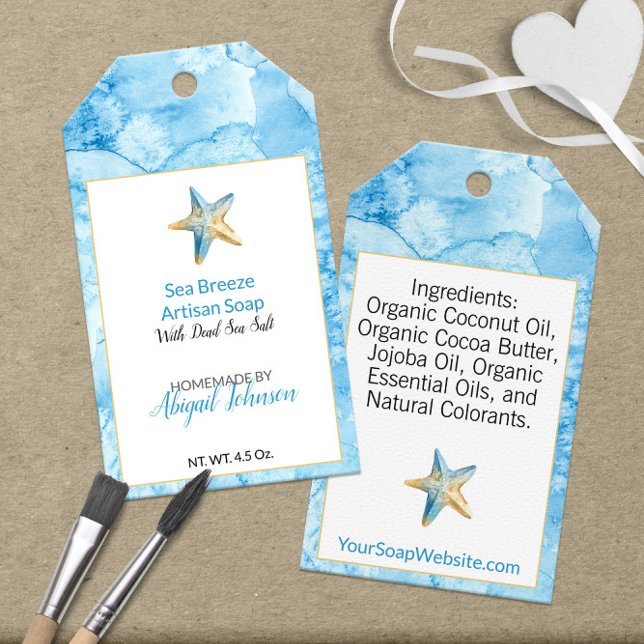 🌊 Blått Vattenfärgstrands-tema Tvål Sjöstjärna  Presentetikett (🌊 Blue Watercolor Beach Theme Soap Starfish Gift Tags
)