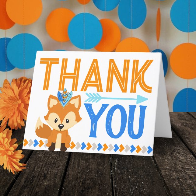 Blått Vild Stam Fox Party - tackkort (Tribal Woodland Forest Fox Folding Thank You Cards)