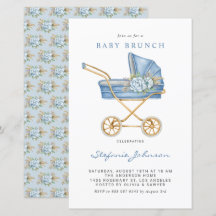Blått Vintage Barnvagn Baby Brunch-inbjudan
