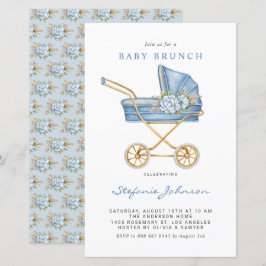 Blått Vintage Barnvagn Baby Brunch-inbjudan
