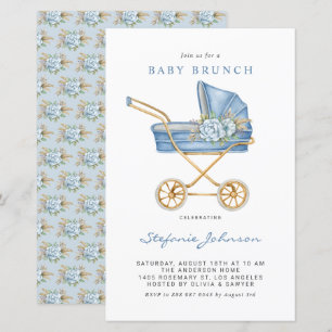 Blått Vintage Barnvagn Baby Brunch-inbjudan