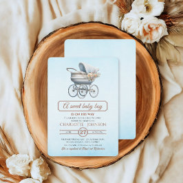 Blått Vintage Blommigt Baby Carriage Baby Shower Inbjudningar