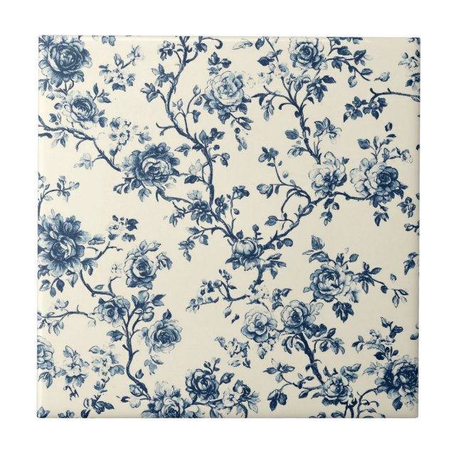 Blått Vintage Blommönster (2) Kakelplatta (Framsidan)