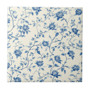 Blått Vintage Blommönster (3) Kakelplatta