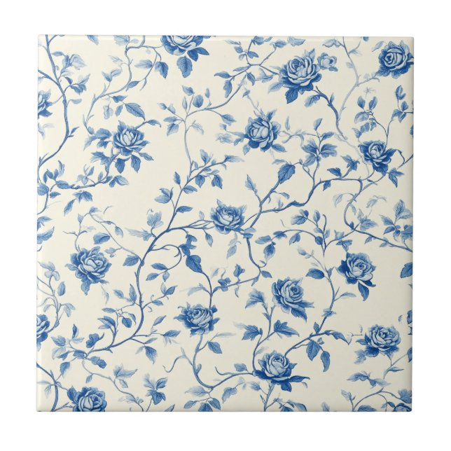 Blått Vintage Blommönster (3) Kakelplatta (Framsidan)