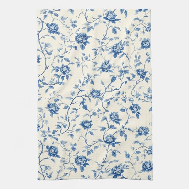 Blått Vintage Blommönster (3) Kökshandduk (Vertikal)