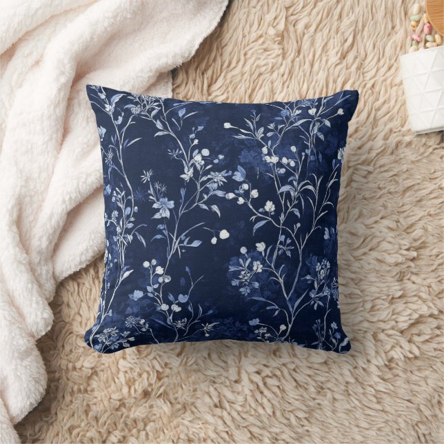 Blått Vintage Blommönster Toile (10) Kudde (Filt)