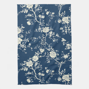 Blått Vintage Blommönster Toile Mönster (11) Kökshandduk