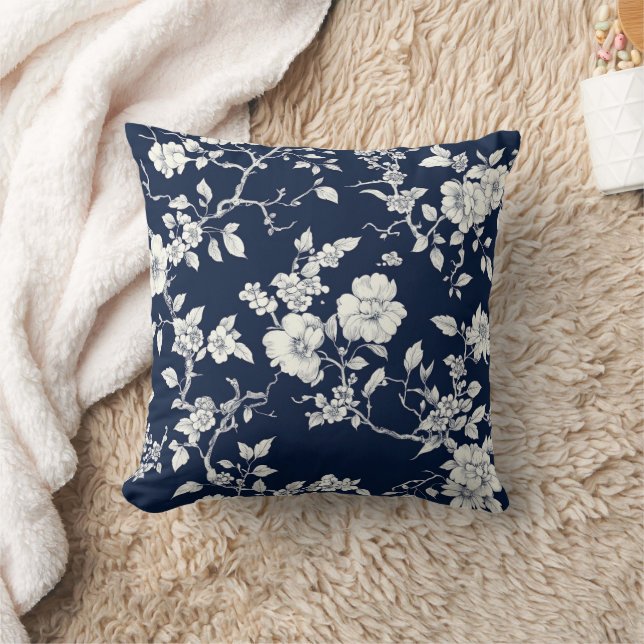 Blått Vintage Blommönster Toile Mönster (12) Kudde (Filt)