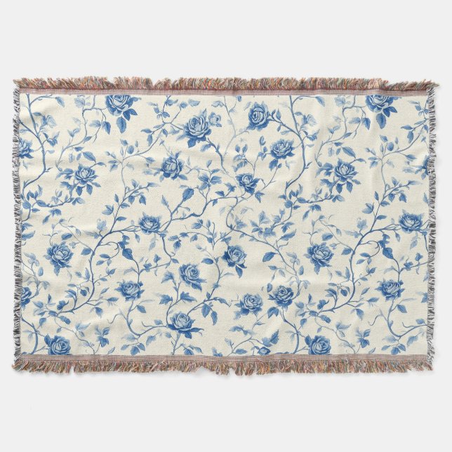 Blått Vintage Blommönster Toile Mönster (3) Filt (Framsidan)