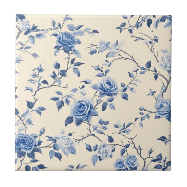 Blått Vintage Blommönster Toile Mönster (6) Kakelplatta (Framsidan)