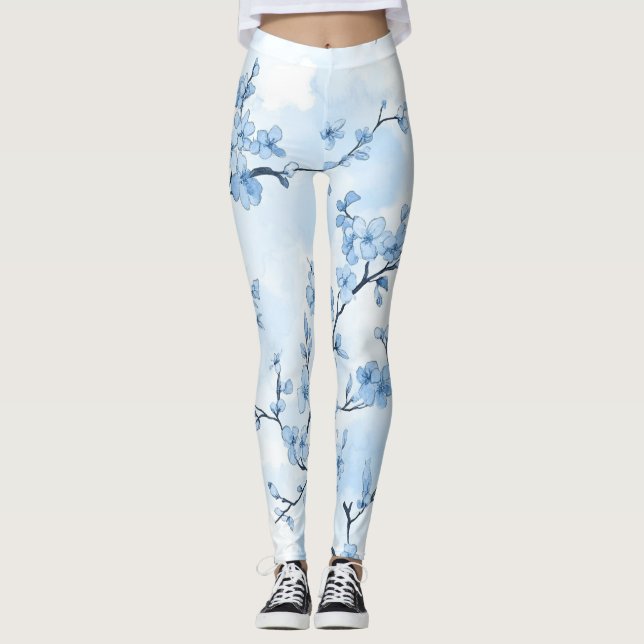 Blått Vintage Blommönster Toile Mönster (8) Leggings (Framsida)