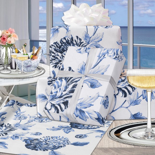 Blått Vintage, botaniskt Blommigt Toile Presentpapper (Skapare uppladdad)