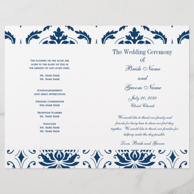 Blått Vintage Damask-bröllopsprogram (Framsida)