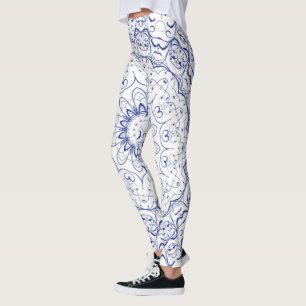 Blått Vintage Fransk Snöre över vitt Leggings