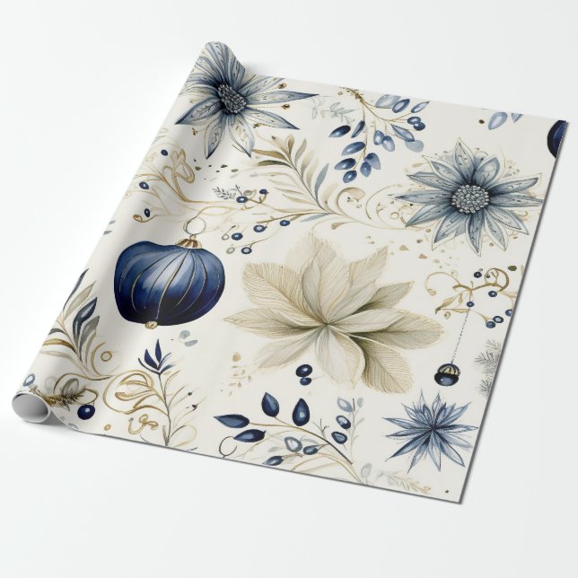Blått Vintage Inspired Blommigt Presentpapper (Utrullad)