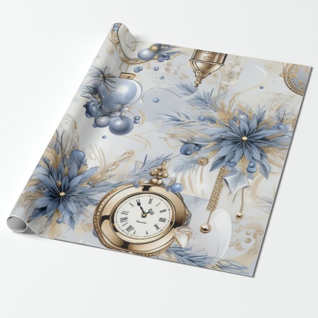 Blått Vintage Inspired Blommigt Presentpapper (Utrullad)