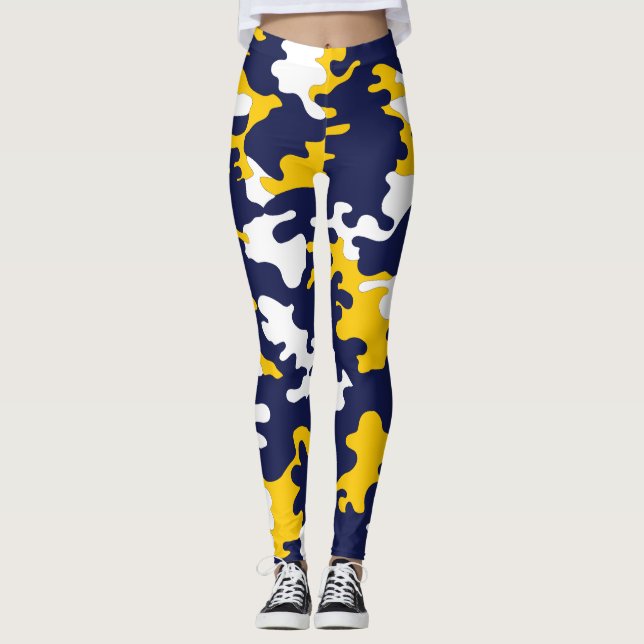 Blått vit, gul Camo damasker Leggings (Framsida)