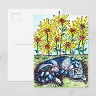 Blått vykort för katt och Gula blommor
