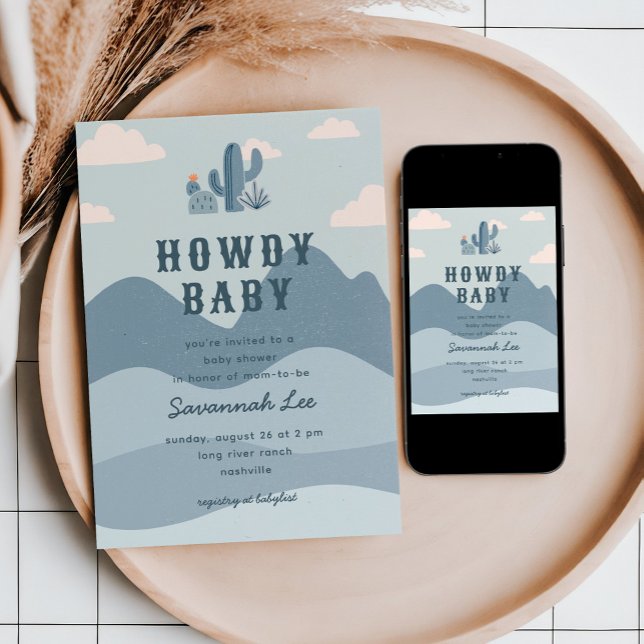 Blått Westernt handbojor för babykläder Inbjudningar (Desert themed baby shower invitation with cute cactus illustrations)