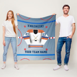 Blått Wh Orange Ice Hockey Rink Spelare Jersey Fleecefilt