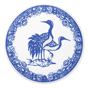Blått Willow Design Blommigt Crane Pair Factor H Knopp