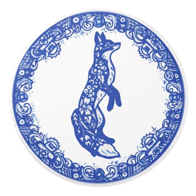 Blått Willow Design Fox - stående Höger Knopp (Framsidan)