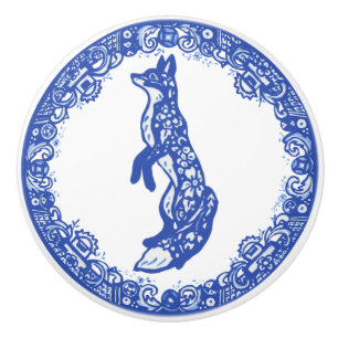 Blått Willow Design Fox stående utseende Lämnas Knopp