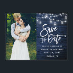 Blått Wood Burk Ljus-penselskript Spara datum Vykort<br><div class="desc">Modern penselskript,  Rustic Blue Wood,  String Ljus med Mason Burk,  Save Date Förlovning Couple Photo Postcard</div>