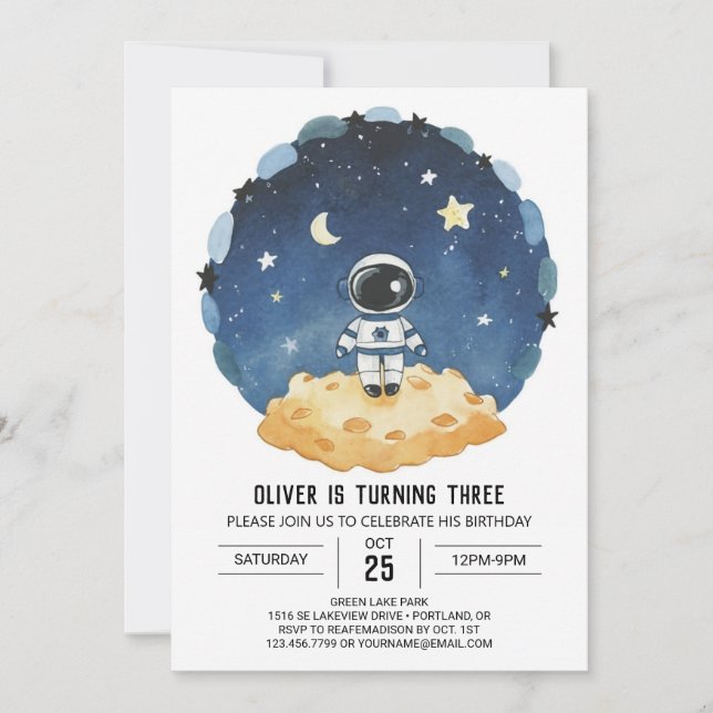 Blått yttre rymd Modern astronaut Boy Birthday Inbjudningar (Framsida)