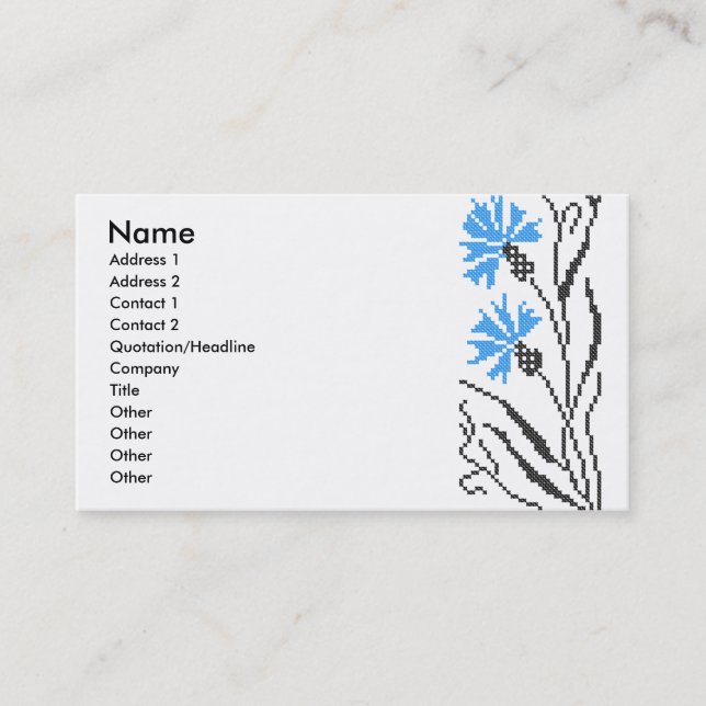 Blåttblåklintet kor-syr design visitkort (Framsida)