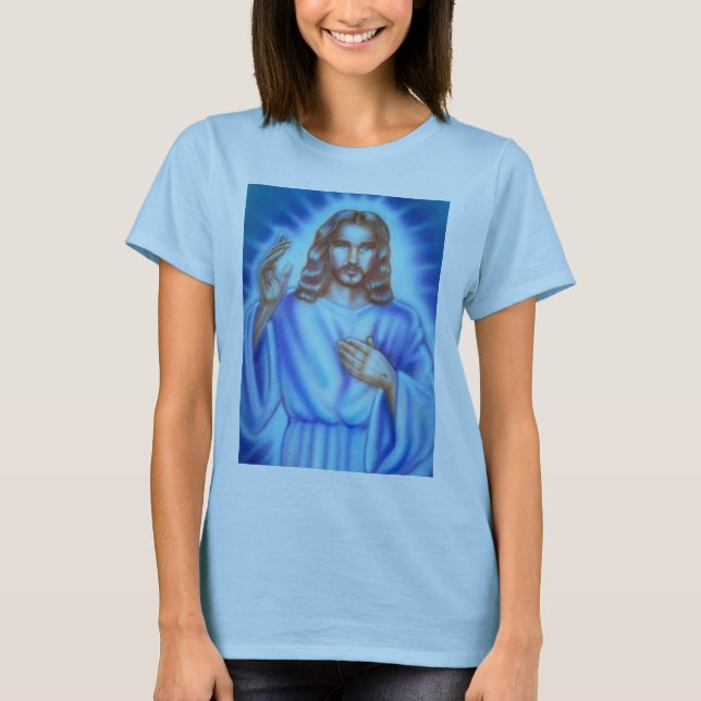 Blåttdam skjorta med den Jesus bilden Tee Shirt (Framsida)